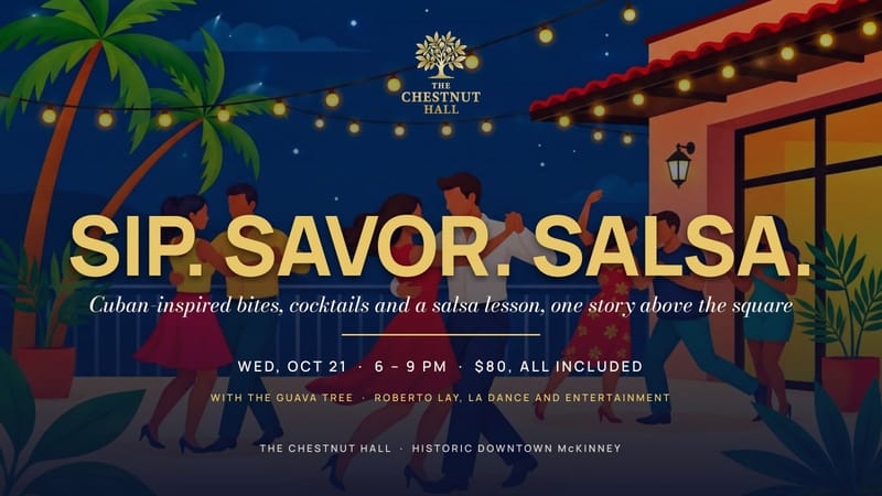 Sip. Savor. Salsa. at The Chestnut Hall — couples dancing salsa under string lights, Wednesday October 21, 6 to 9 PM
